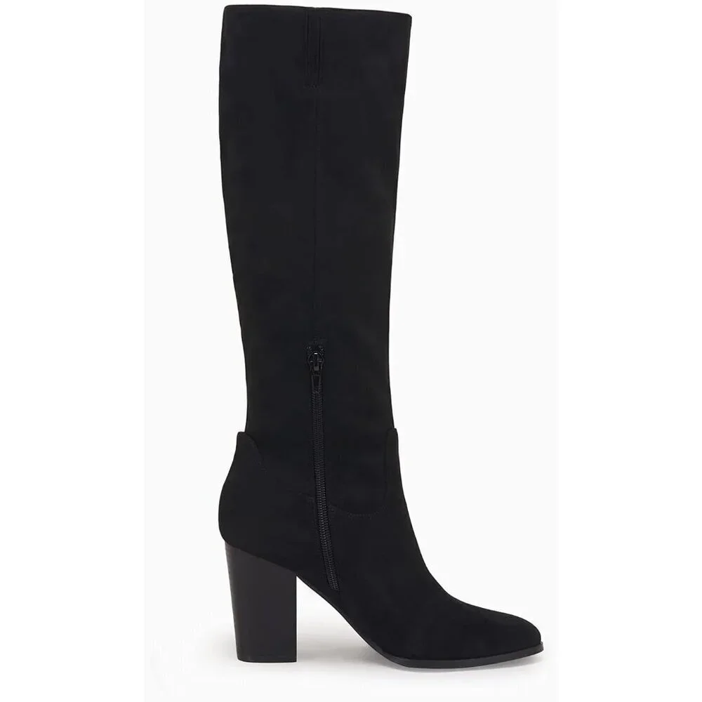 Women Faux Sueder Black Knee High Chunky Heel Side Zipper Stretch Winter Boot